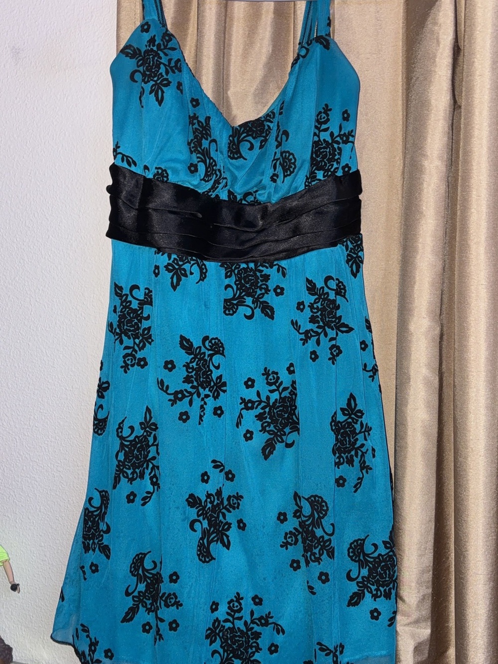 Trixxi Turquoise Blue Midi Dress with Black Floral Accents